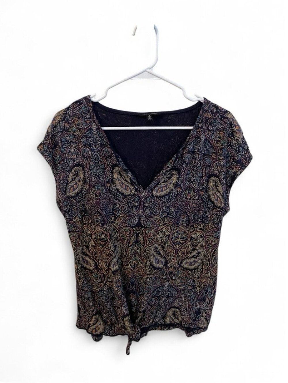 Lucky Brand Floral Paisley Navy Shirt Boho Blouse Tie Front Summer Short Sleeve